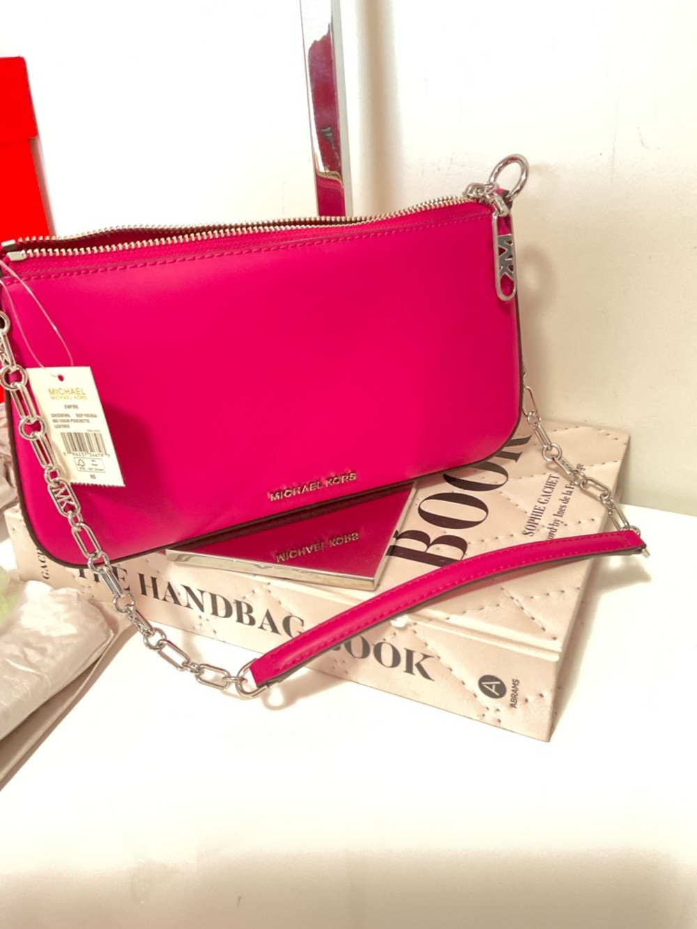 Michael Kors Deep Fuschia Empire Leather Chain-Link Pouchette - Picture 9 of 11